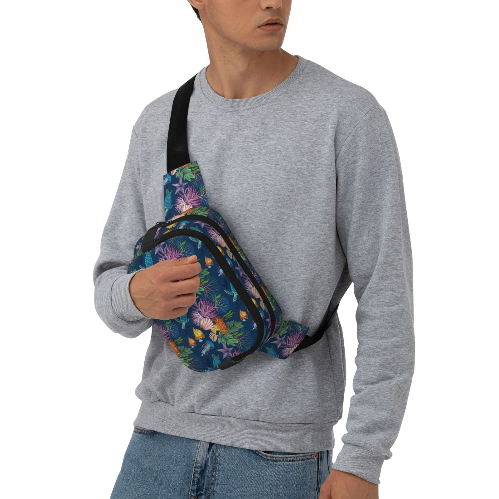 Picia Undersea Animals Print Square Double-Layer Waist Bag Mini Adjustable Waist Belt Bag Exercise Running Travel Hiking