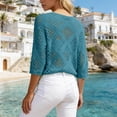 thumbnail image 3 of Ounisa Boho Crochet Tops for Women 3/4 Length Sleeve V Neck Hollow Out Knit Sweater Shirt Summer Lightweight Beach Cover Ups, 3 of 5