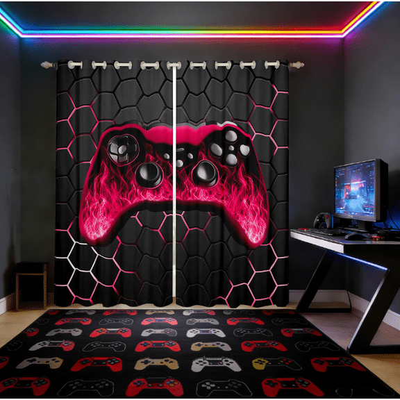 Manfei Neon Gamepad Curtains Pack of 2 (38x45),Modern Geometric Honeycomb Black Out Curtains,Red Black Curtains for Living Room For Boys Kids,Super Cozy Bedroom Decor