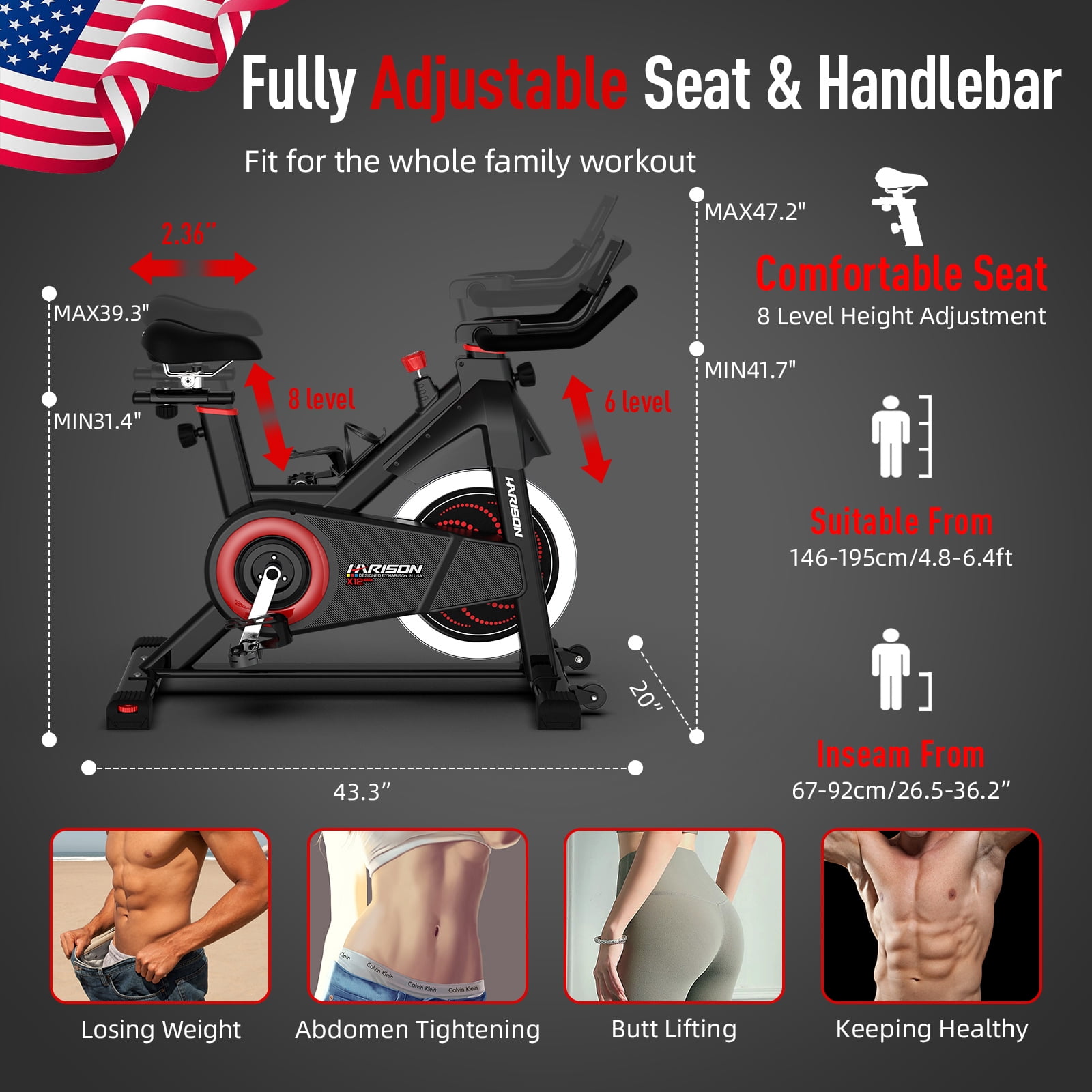 HARISON Magnetic Stationary Bike for Home, Indoor Cycling Bike with 350LBS Capacity, Brake Pad, Tablet Holder & Comfort Seat