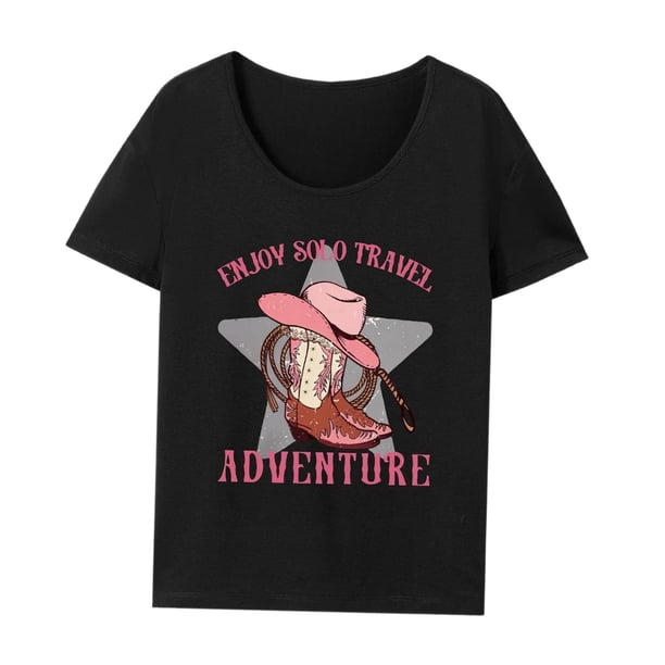 Camiseta de mujer con cuello redondo, informal, de verano, para viajes, uso diario, camping S