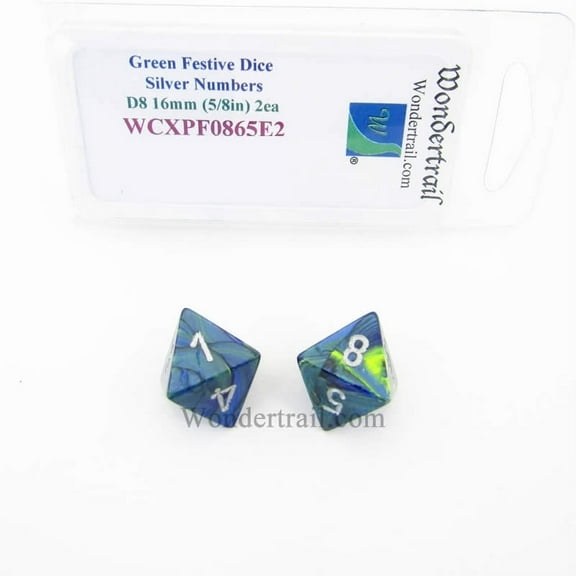 Green Festive Dice with Silver Numbers D8 Aprox 16mm (5/8in) Pack of 2 Wondertrail