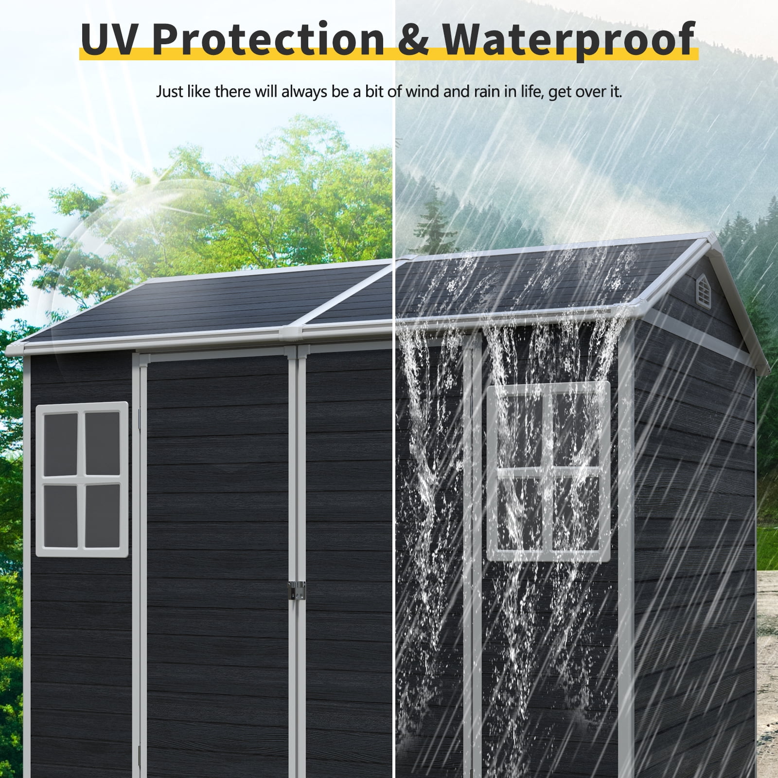 IMagacFun 8x6 Resin Outdoor Storage Shed Heavy Duty Waterproof Shed Plastic Shed with Floor,2 Windows and Lockable Doors for Garden Patio Backyard Black