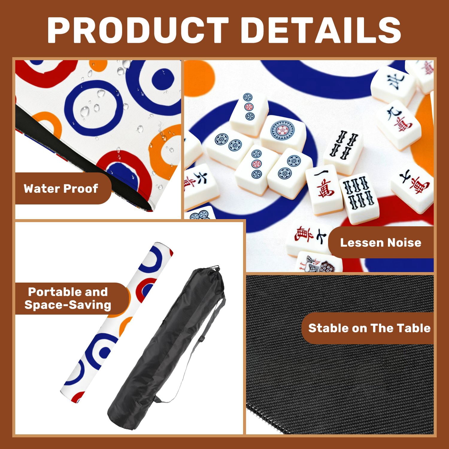 Mahjong Mat 31.5" x 31.5" Colorful Abstract Red Blue Orange Circles White Non-Slip Noise Reduction American Mahjong Tiles Table Cover for Dominoes Poker Card Board Games Gift