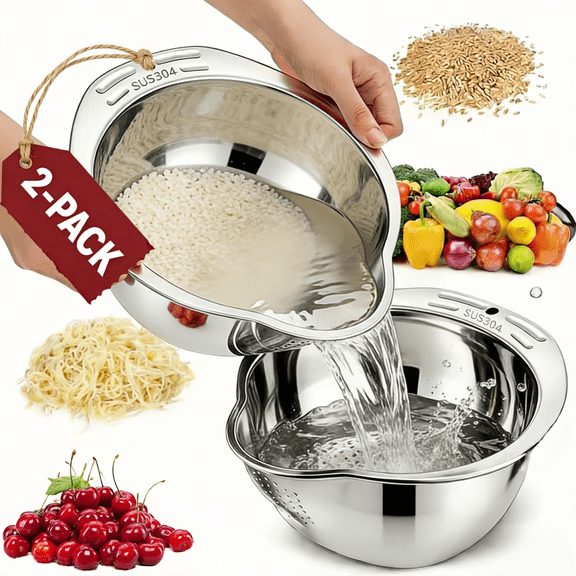 USIONE 2-Pack 4-in-1 Stainless Steel Rice Washer Strainer Bowl - Side Drain Colander for Quinoa, Fruits, Vegetables & Beans, Versatile Kitchen Tool