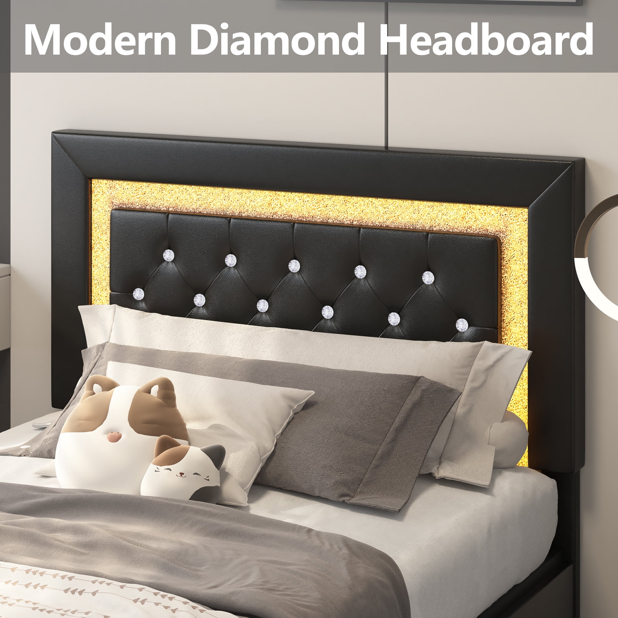 4 EVER WINNER Full Size LED Bed Frame with Storage, Upholstered Platform Bed with 4 Drawers, Adjustable LED Lights Headboard, Black