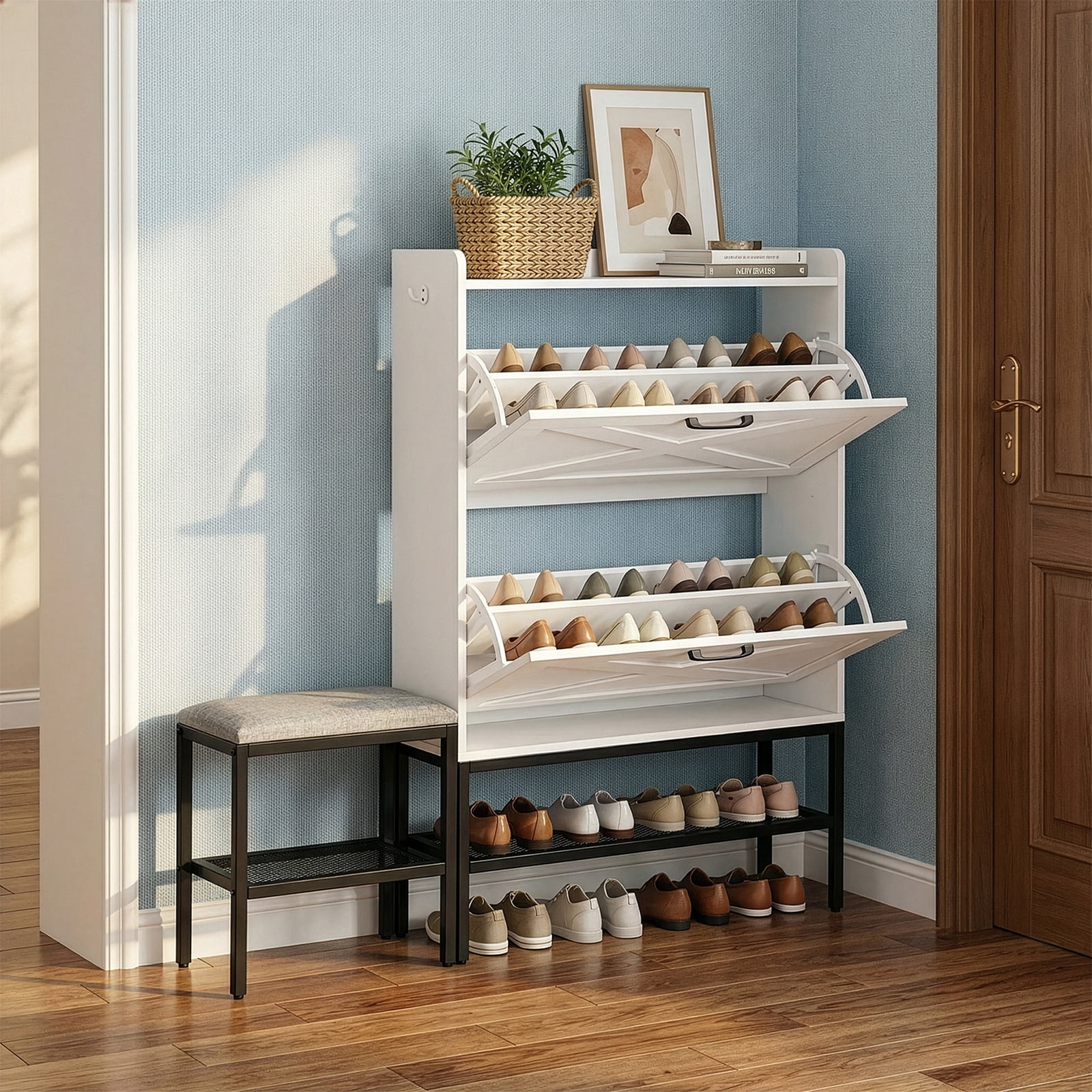 Ktaxon Farmhouse Shoe Cabinet w/ Bench, Entryway Shoe Storage Cabinet Shoe Rack Organizer for Hallway Bedroom Closet Living Room Home Apartment, White