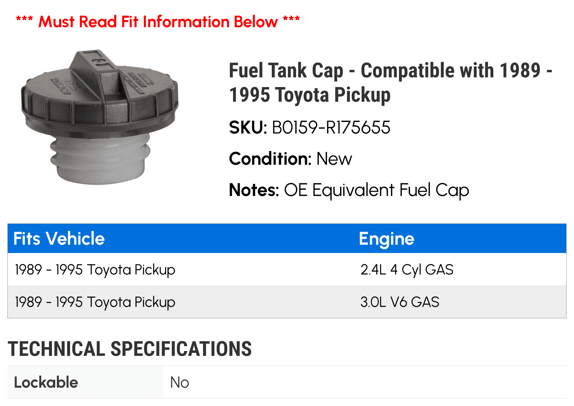 Fuel Tank Cap - Compatible with 1989 - 1995 Toyota Pickup 1990