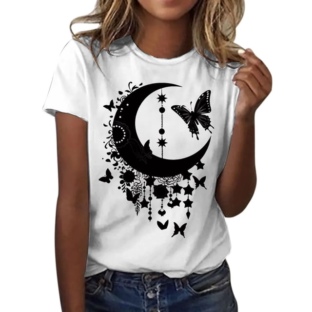 JFHHQ T-Shirt Basique à Col Rond pour Femmes, Graphique de Lune à la Mode, Col Rond, Manches Courtes, T-Shirt Décontracté pour Femmes, Sport et Usage Quotidien, TTG Blanc