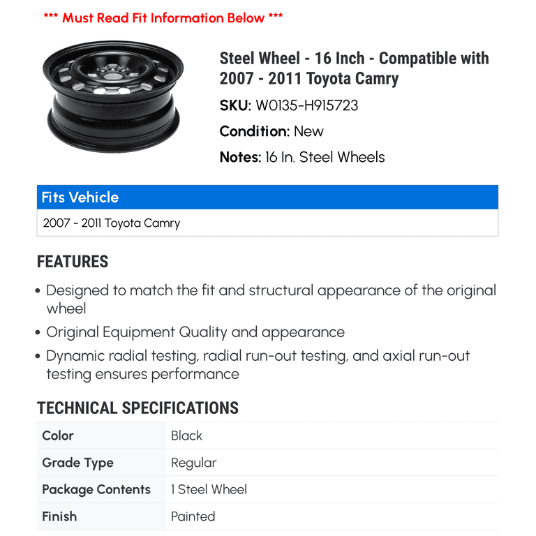 Steel Wheel - 16 Inch - Compatible With 2007 - 2011 Toyota Camry 2008 2009 2010