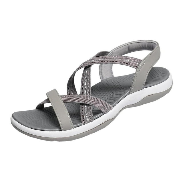 WLOELOEW Casual Elastic Solid Color Round Toe Open Toe Soft Sole Flat Sandals For Women Spring Summer Versatile Footwear Pu Material Us Size 9