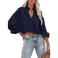 thumbnail image 2 of Langwyqu Turn-Down Collar Women Solid Button Crop Tops Lapel Blouse With Pocket, 2 of 5