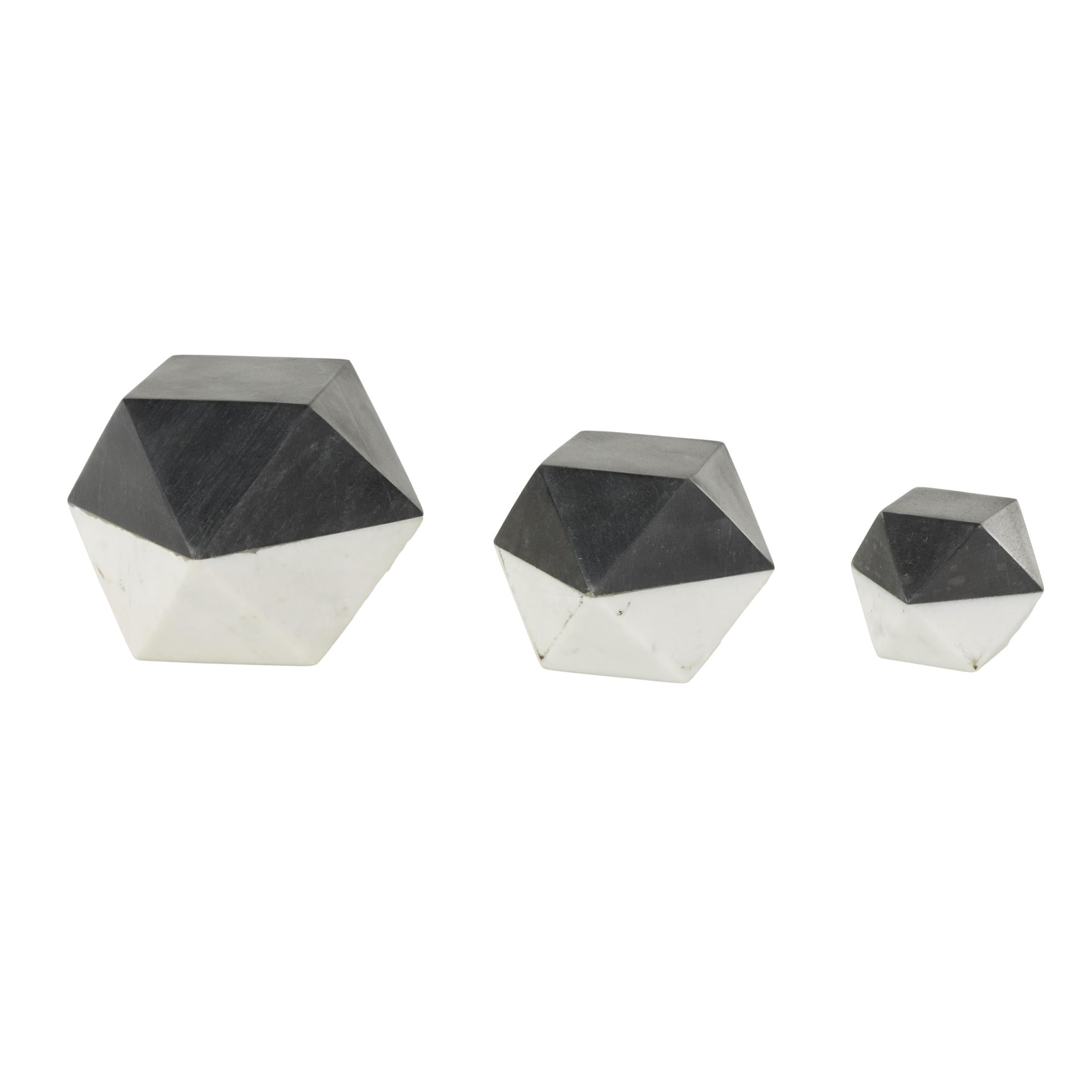 5", 4", 3"H Black Marble Cube Two-Toned Hexagon Geometric Sculpture with White Accent, by DecMode (3 Count)