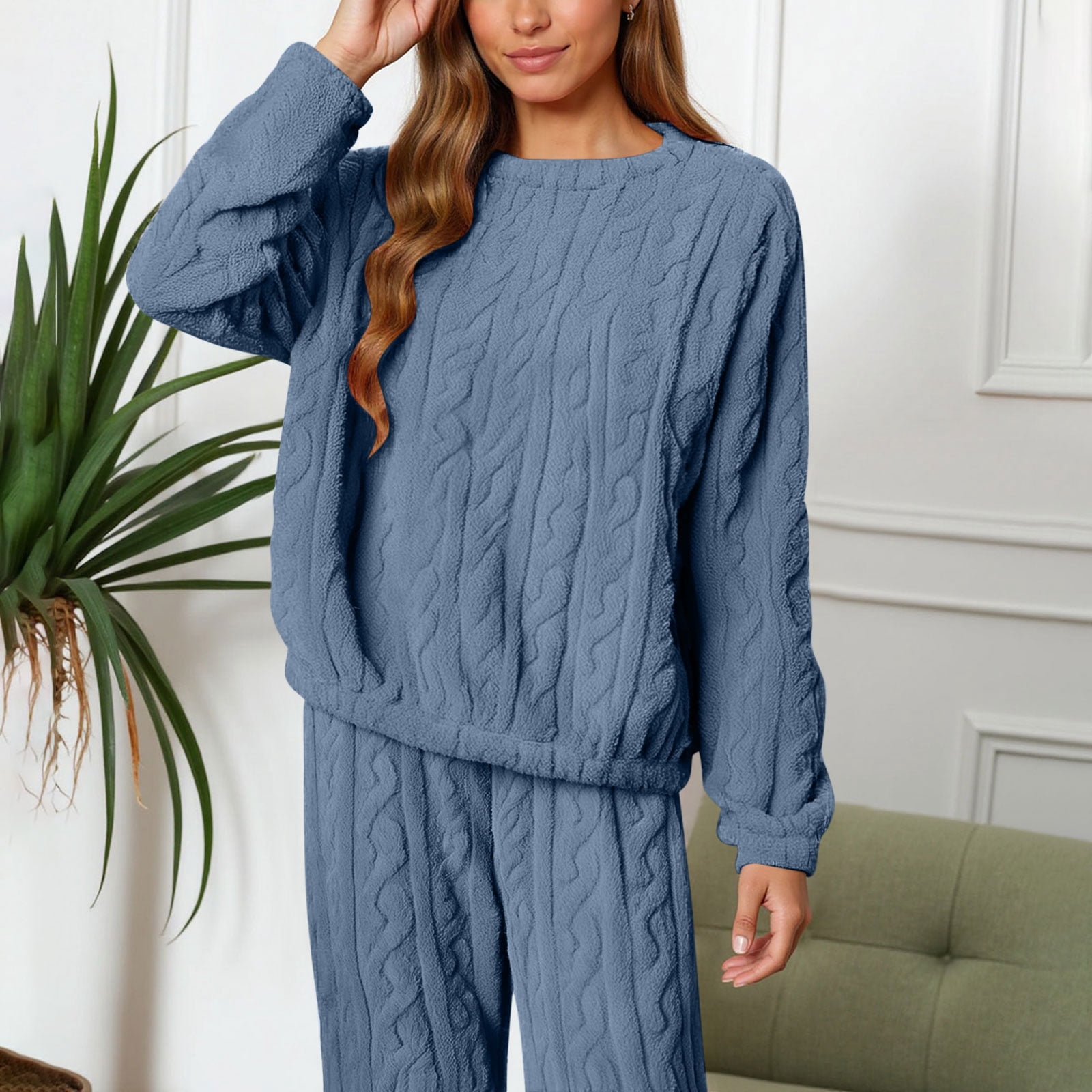 Womens Winter Warm Pajama Sets Fuzzy Flannel Pullover Top Pants Home Sleepwear Casual Suits