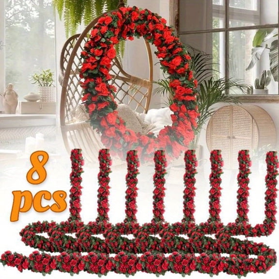 8 Pcs x 7.5 ft Long Artificial Rose Vine Garland, Spring Red Faux Flowers with Green Leaves for Home Decor, Wedding Arch, Party and Seasonal Celebrations