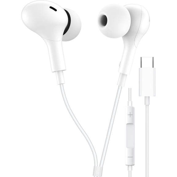 USB C Headphones Compatible with iPhone 17 16 15, for iPad Pro, Type-C Earphones with Microphone Volume Control Wired Earbuds, for Google Pixel 8 7 6A 5 for Samsung S25 S24 S23 S22 S21 S20 A55 -White