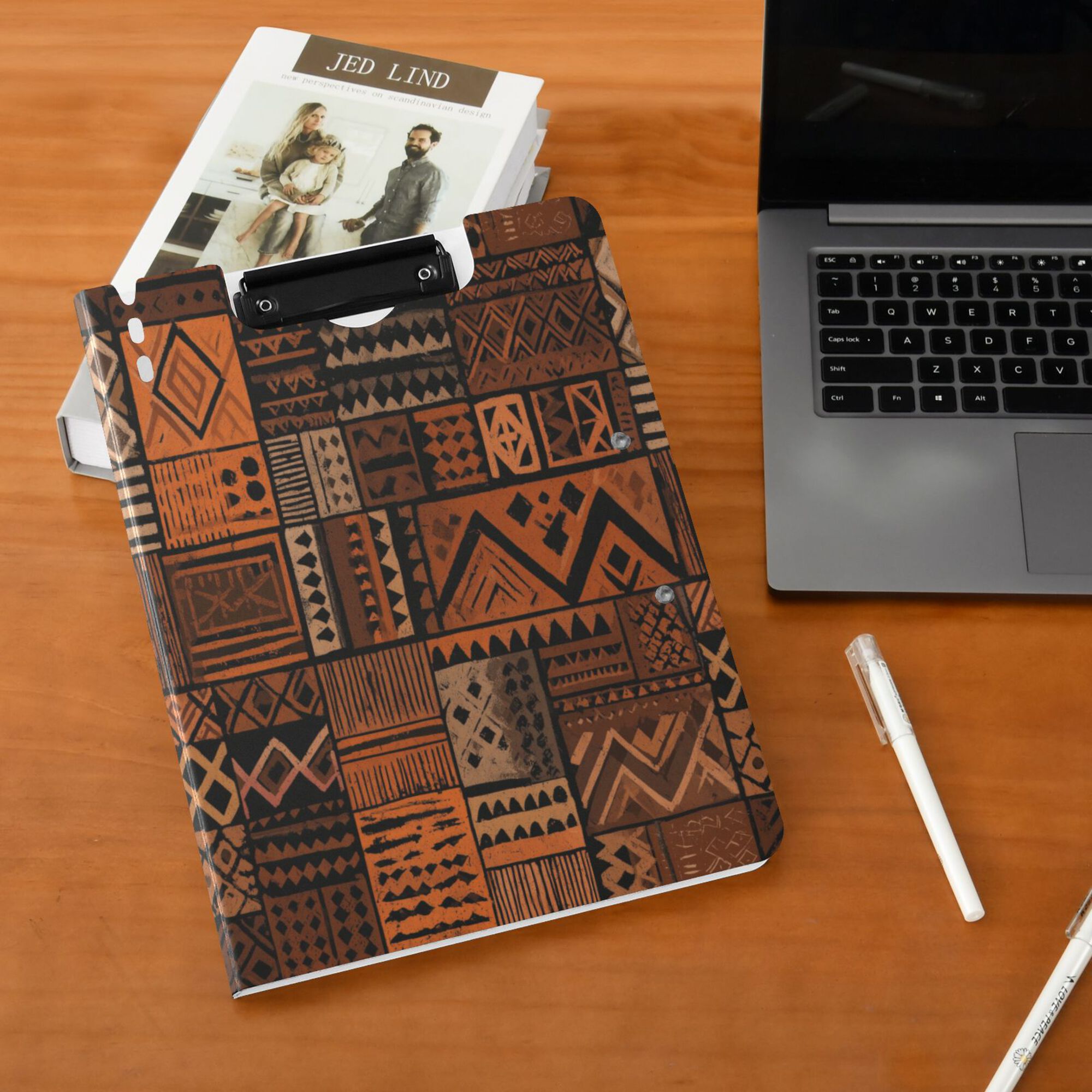 FORMRS A4 Clipboard Folder with Pen Holder Horizontal Foldable School Office Binder, Abstract Tribal Pattern
