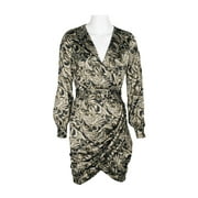 Laundry V-Neck 2 Button Cuff Long Sleeve Gathered Side Zipper Back Tie Waist Short Satin Dress-BLACK MULTI / 10