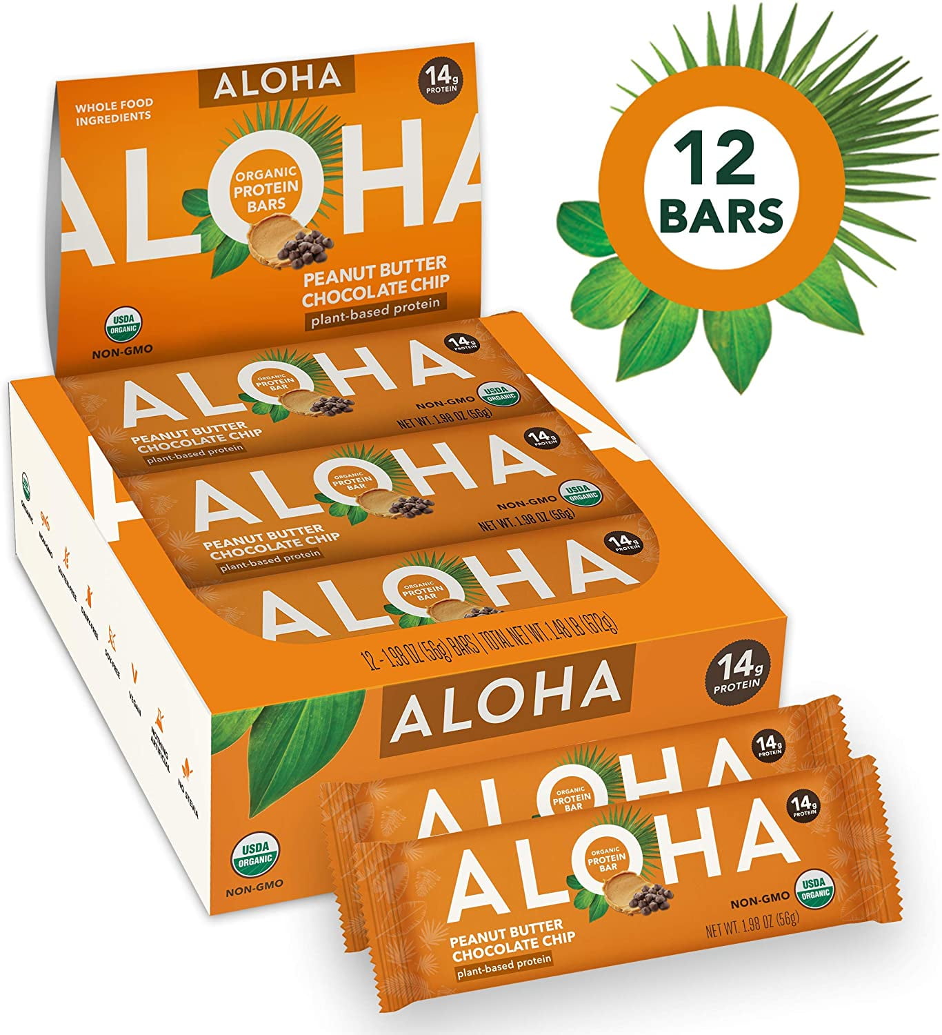 ALOHA Organic Plant Based Protein Bars |Peanut Butter Chocolate Chip | 12 Count, 1.9oz Bars | Vegan, Low Sugar, Gluten Free, Paleo, Low Carb, Non-GMO, Stevia Free, Soy Free, No Sugar Alcohols