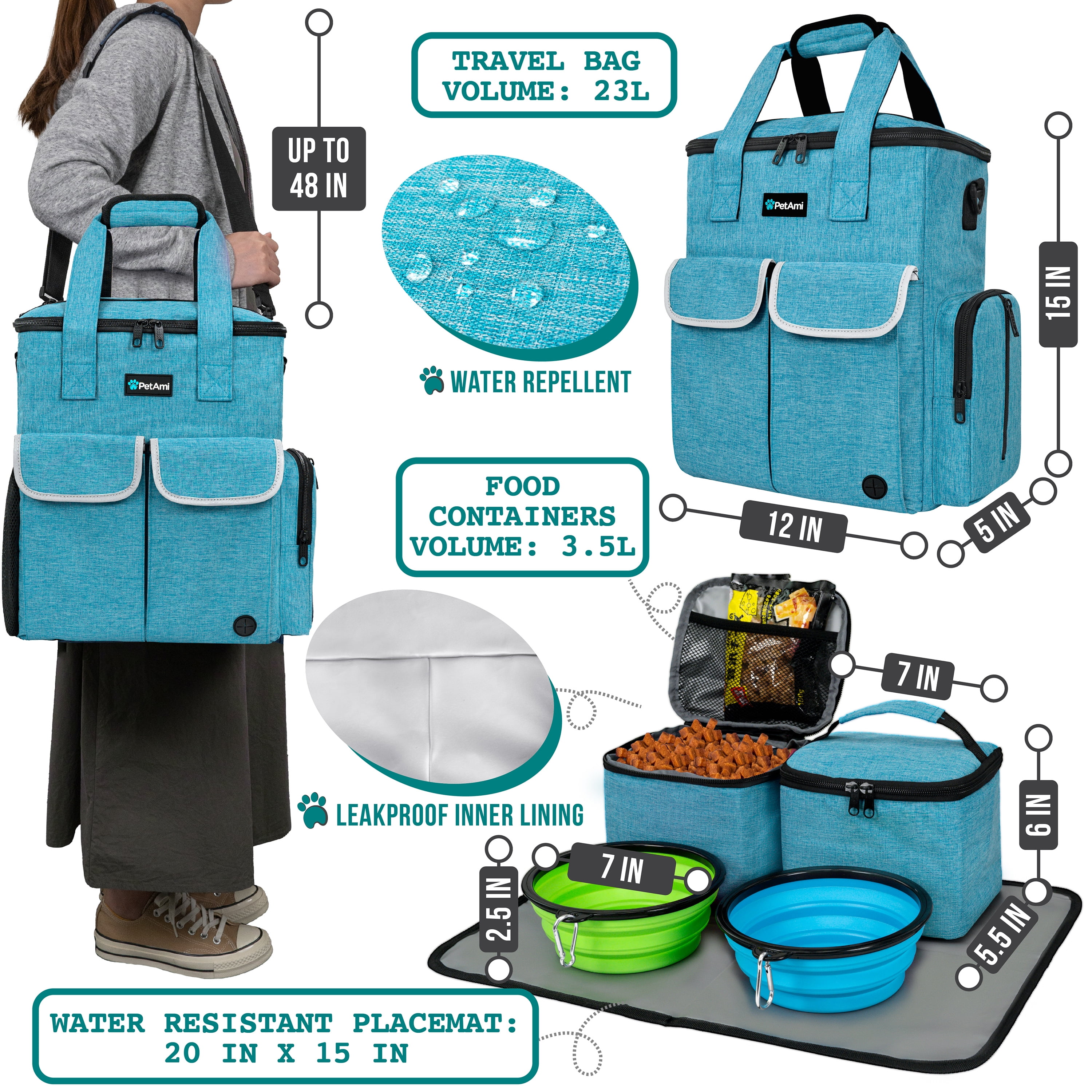 PetAmi Dog Travel Bag Pet Supplies Accessories Organizer For Traveling, Camping, Weekend; Cat Pet Travel Bag Kit includes 2 Food Storage Containers, 2 Collapsible Bowls, 1 Feeding Mat (Teal Blue)