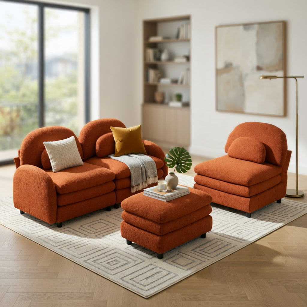 Hommoo Teddy Fleece 3-Seat Modular Sectional Sofa with Curved Backrest, Movable Ottoman & Cloud-Like Double-Layer Cushions, Orange