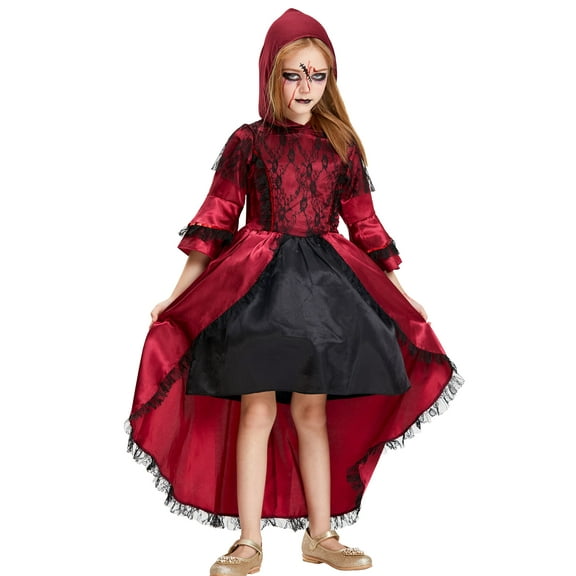 IKALI Girl Vampire Costume Outfit, Princess Fancy Dress Up Claret Hooded Gown for Halloween Party 3-10Years