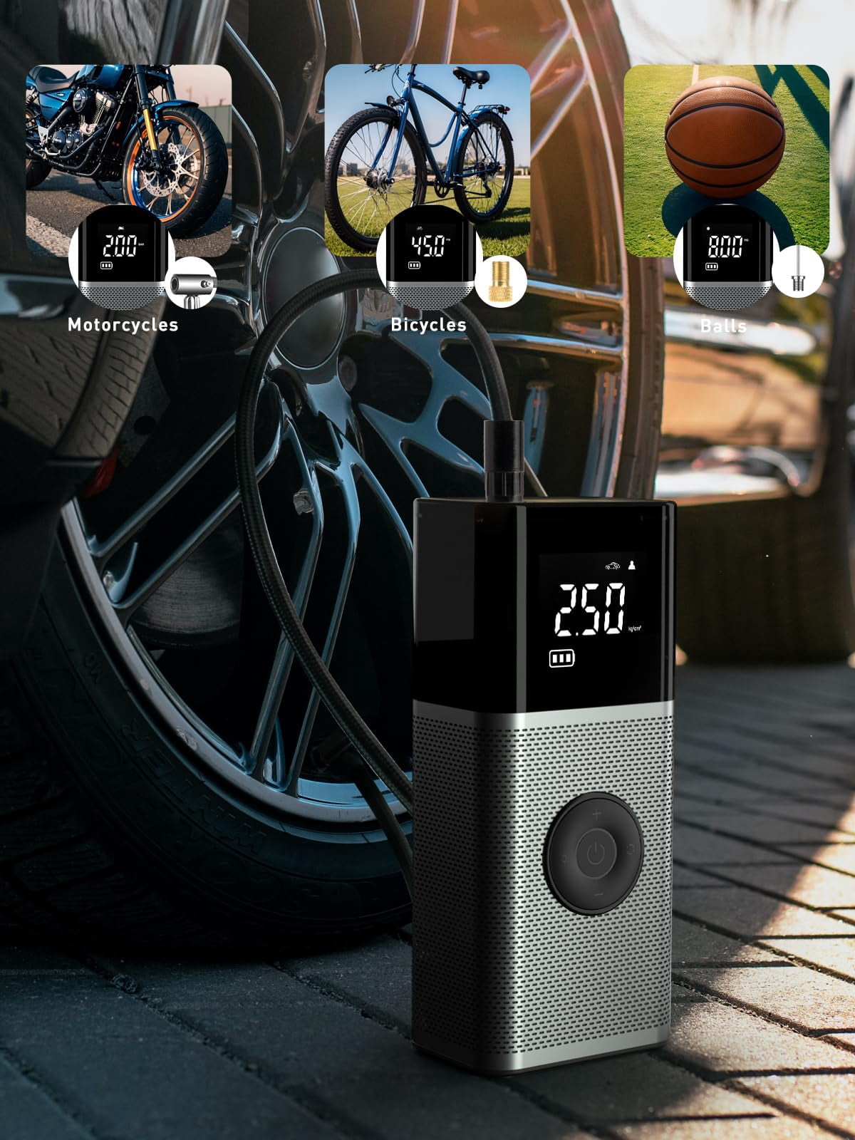 OneAmg Cordless portable tire inflator, 4x speed 150 PSI portable air compressor, featuring a 7800mAh battery, LED display, automatic shut-off, pressure gauge, and LED light, suitable for cars, bicyc