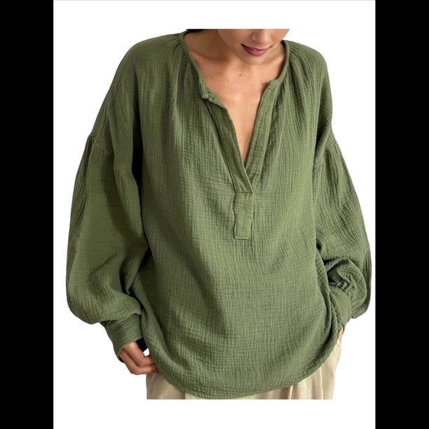 Blusa de con Lazo Frontal para Mujer, Blusa con Mangas Farol, Estilo Babydoll Y2K, Túnica Holgada con Cuello en V. Verde S