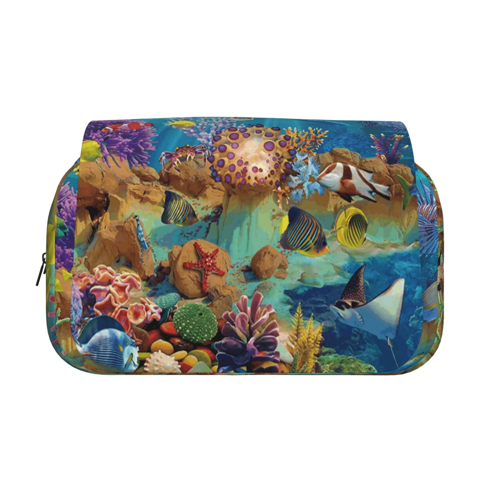 Rateoe Sea World Pattern Double Clamshell Pen Case, Storage Organizer with Two Zipper Compartments– Holds Up to 50 Pencils & Pens