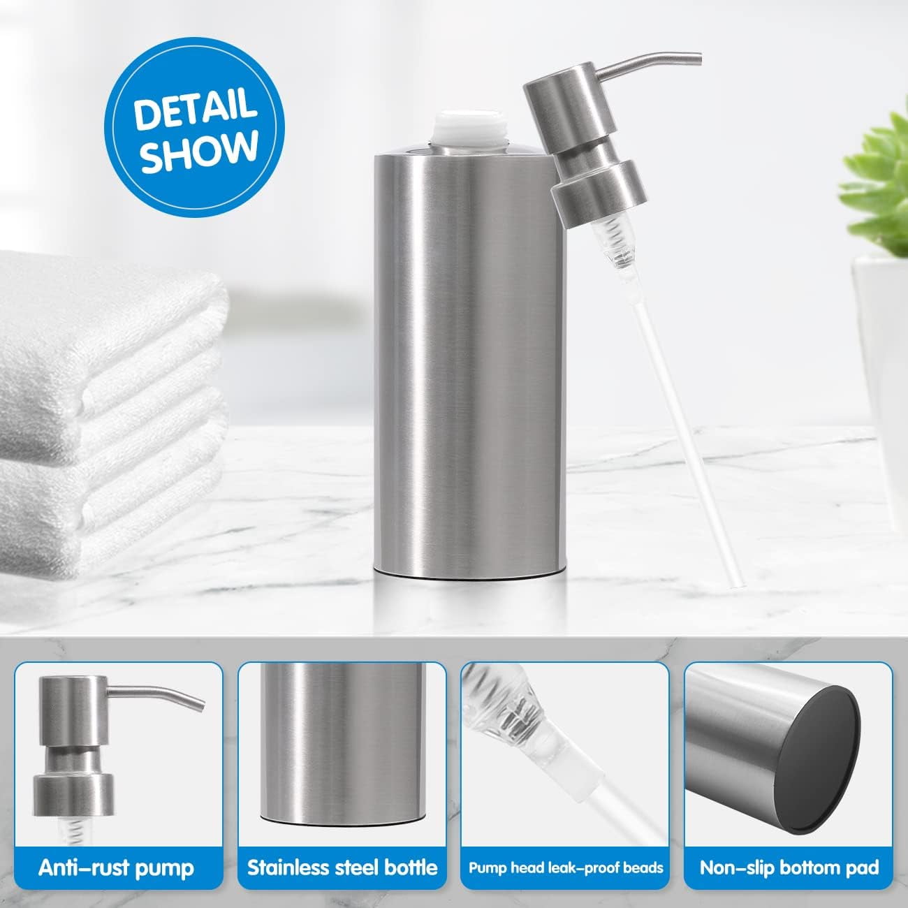 ARKTEK Large Stainless Steel Countertop Soap Dispenser - Rust and Leak Proof Liquid Hand Soap Pump Bottle for Kitchen, Bathroom and Countertop Hand Dish Lotion (20 Oz / 600 ml)