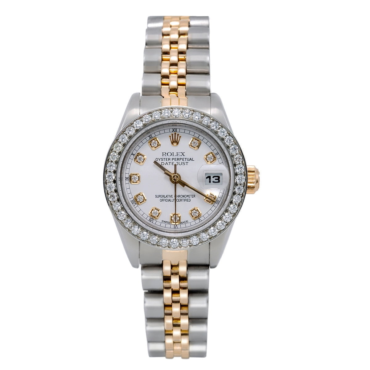 Pre-Owned Rolex Lady-Datejust 6917 26mm White Dial Two-Tone Bracelet Watch With 1.20 CT Diamond Bezel