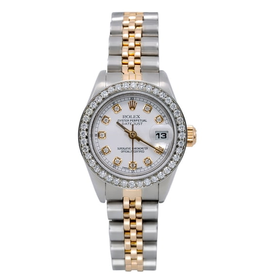 Pre-Owned Rolex Lady-Datejust 6917 26mm White Dial Two-Tone Bracelet Watch With 1.20 CT Diamond Bezel