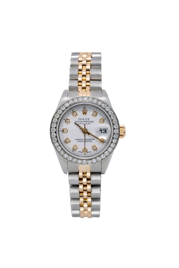 Pre-Owned Rolex Lady-Datejust 6917 26mm White Dial Two-Tone Bracelet Watch With 1.20 CT Diamond Bezel