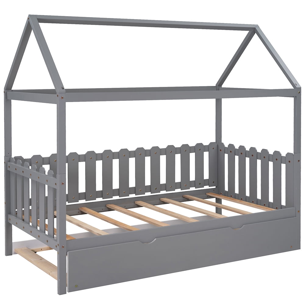Lowestbest Twin Size House Bed with Trundle and Guardrail for Kids in Gray Lowestbest Twin Size House Bed with Trundle and Guardrail for Kids in Gray