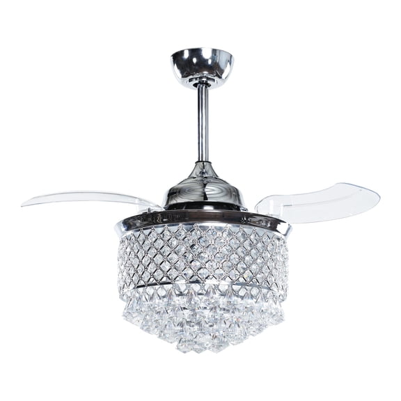 36 Inch Ceiling Fan with Lights and Wall Switch Crystal Chandelier Ceiling Fan 3 Retractable Blades, Chrome