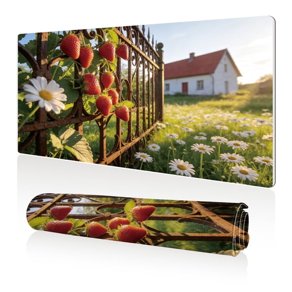 LIVEKEY Mouse Pad 80x40cm Extra Large Non Slip Stitched Durable Easy Clean Rustic Fence with Strawberries and Daisies on Countryside Landscape Pattern for Gaming Office