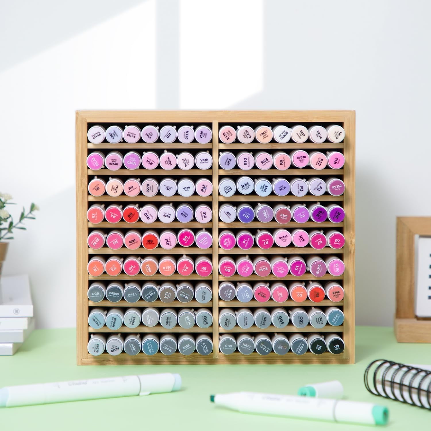 Ohuhu Bamboo Marker Organizer, Holds 126 Markers or Brushes, 18-Compartment Desktop Holder for Home