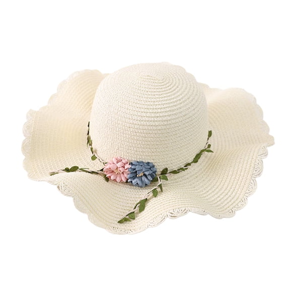 52-54cm hat circumference children's flower straw hat wavy brimmed sun hat summer outdoor sun hat travel sun hatMilky white