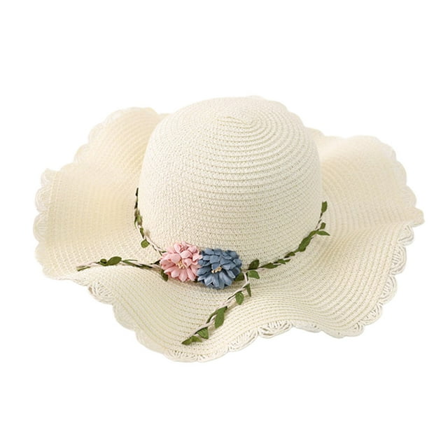 Sombrero de paja con ala ondulada para niños, de 52 a 54 cm de circunferencia, para verano, para exteriores, para viajes, color blanco lechoso