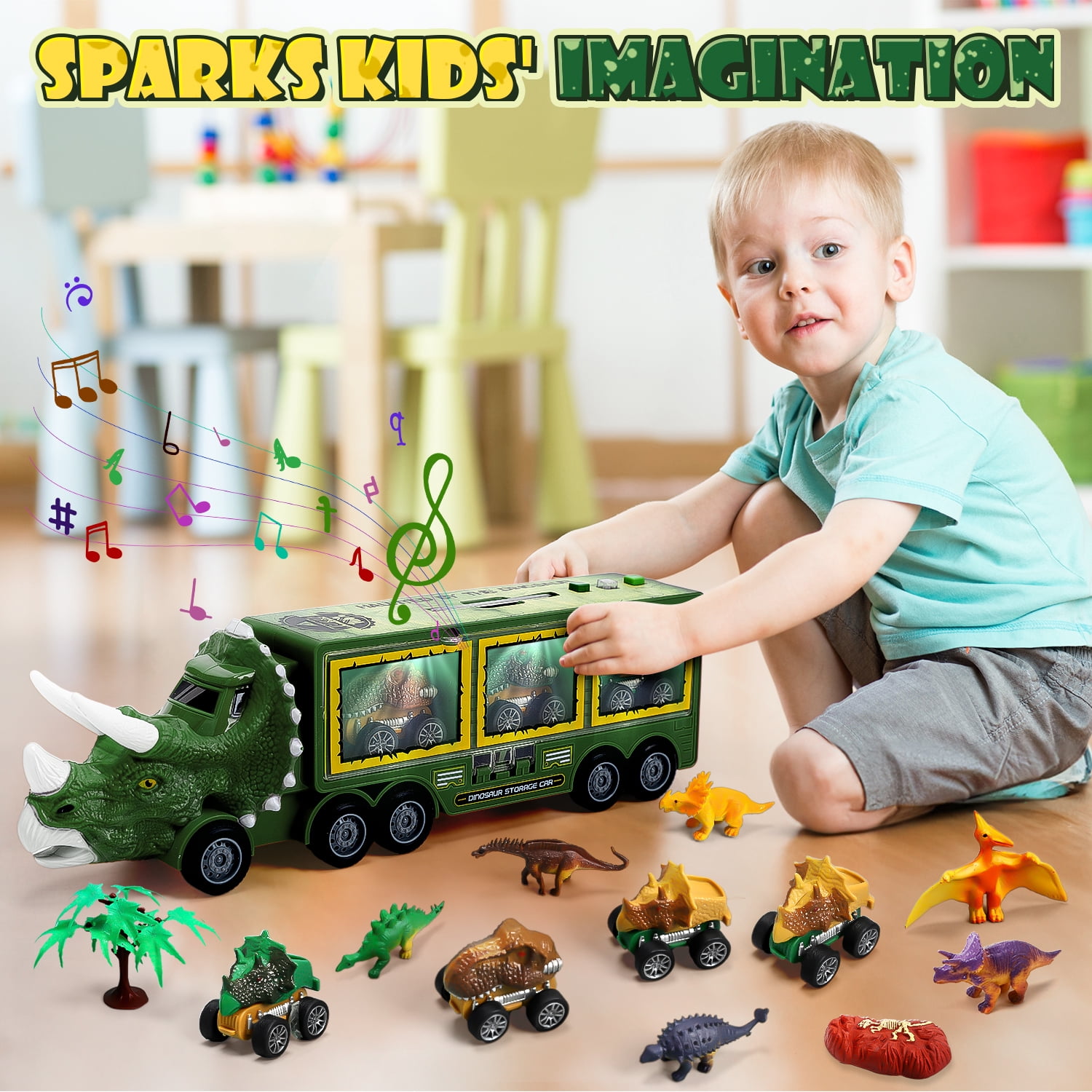 JoyStone 20 in 1 Dinosaur Truck Toys with Lights & Sounds,  Dinosaur Play Set for Kids 3-5 Years, Including 6 Pull Back Cars, 6 Dino Figures, Birthday Gift for Boys Girls, Green