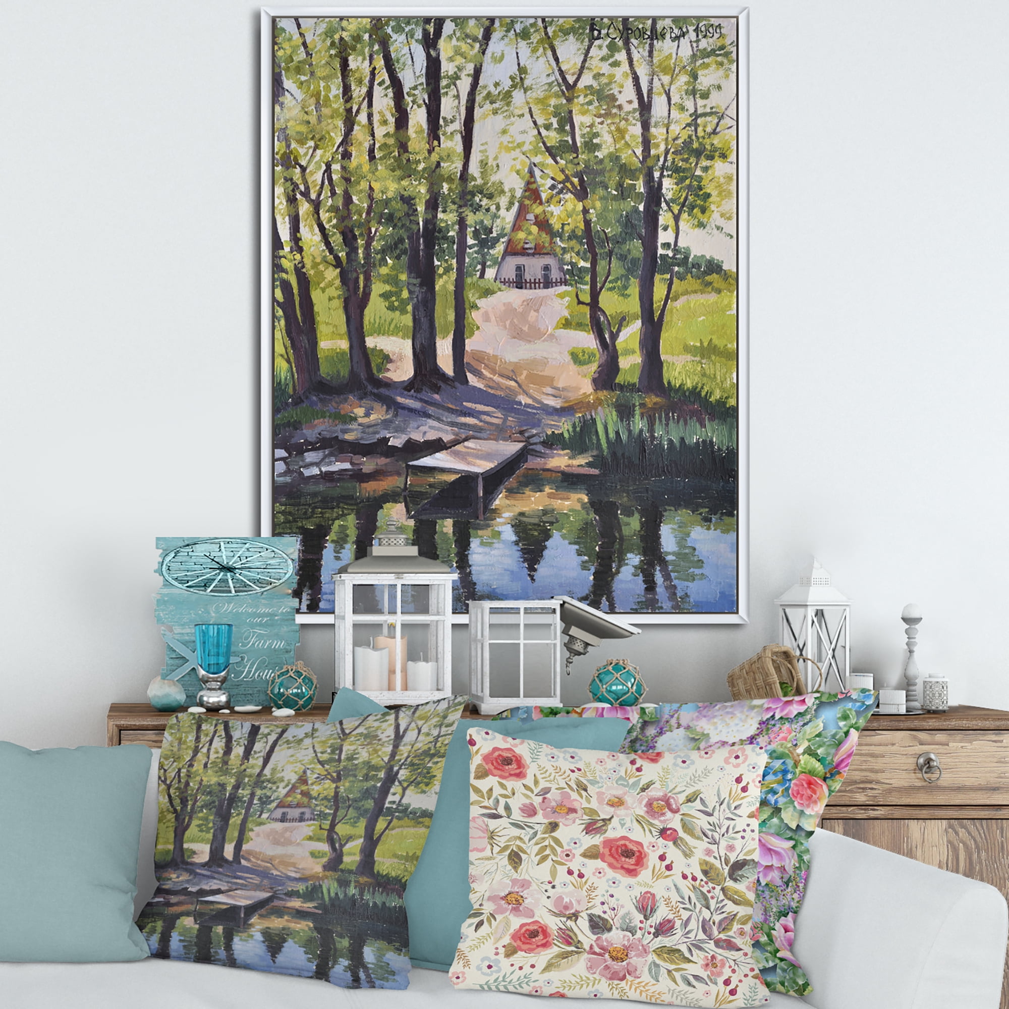 Designart 'Mysterious Countryside House By The River In The Woods' Lake House Framed Canvas Wall Art Print