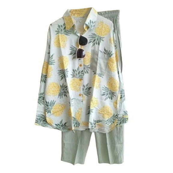 AQRS 2 Pcs/Set Women Shirt Pants Set Colorful Print Lapel Long Sleeve Single-breasted Blouse Wide Leg Loose Elastic Waist Trousers Set Lady Casual Daily Outfit