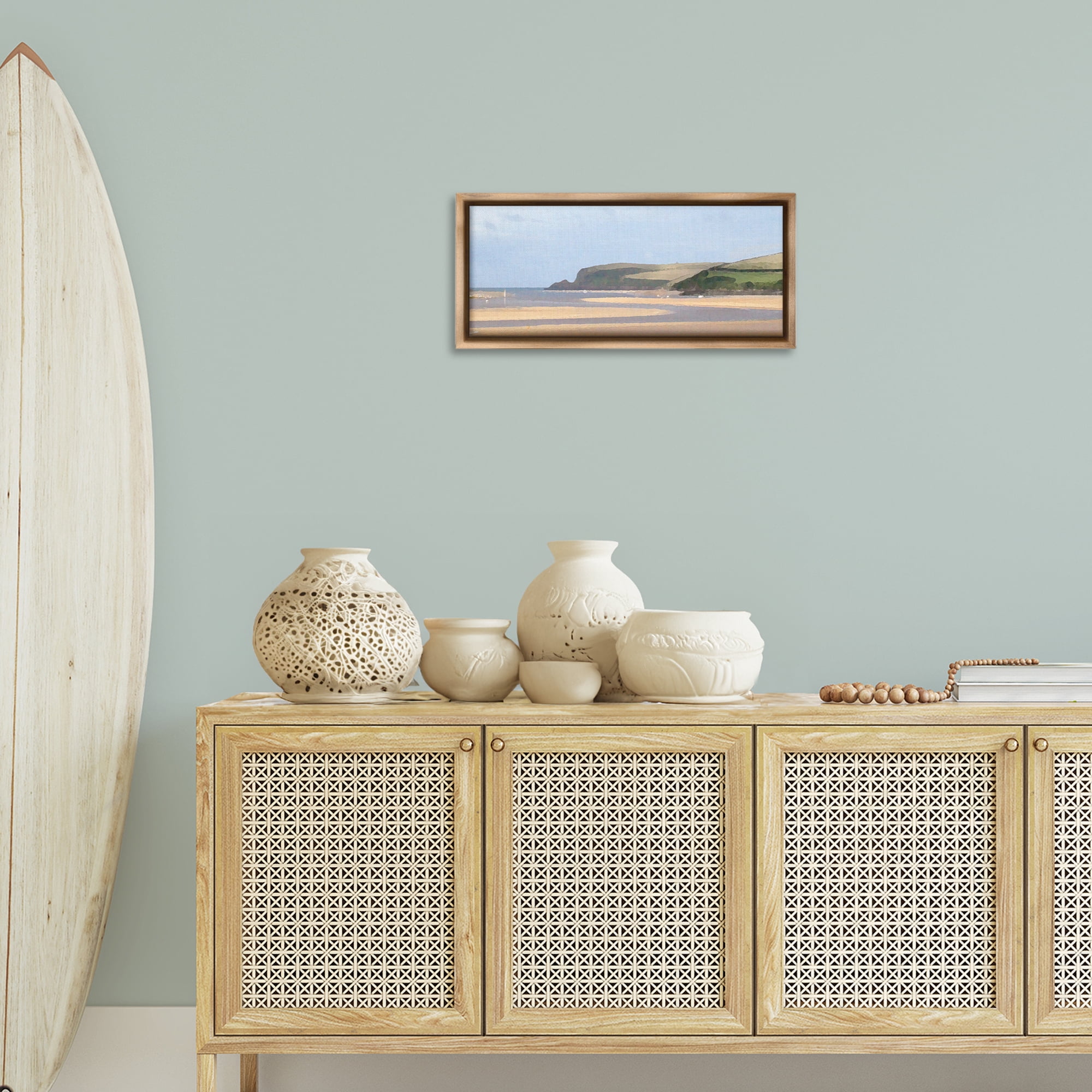 Stupell Industries Sunlit Sands Beach Landscape Painting Brown Floater Framed Canvas Art Print Wall Art, 25 x 11