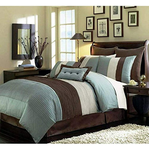 Chezmoi Collection 8-Piece Blue Brown Beige Pleated Stripe Comforter Set King Size Bedding Set