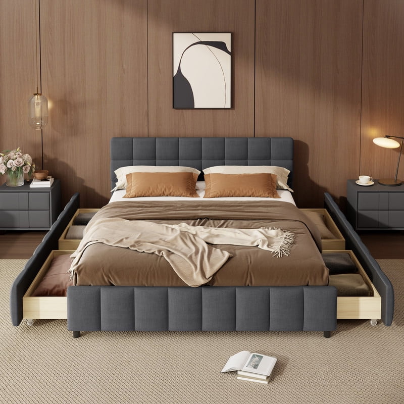 Queen Size Low Profile Platform Bed with Tufted Headboard, Linen Fabric Padded Storage Upholstered Bed Frame with 4 Drawers