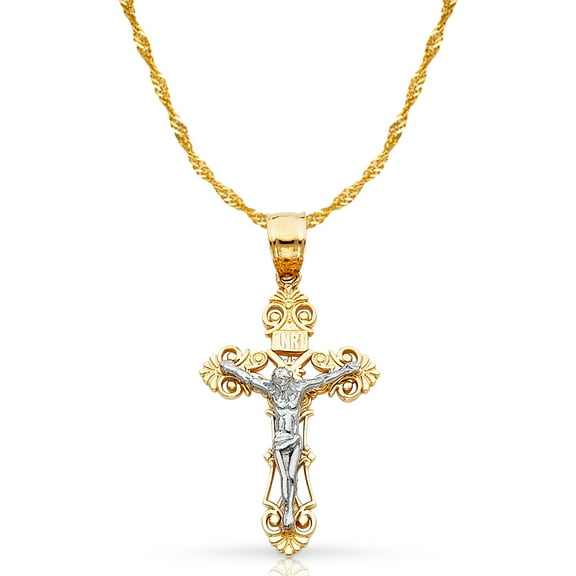 14K Two Tone Gold Jesus Crucifix Cross Pendant with 1.2mm Singapore Chain Chain Necklace