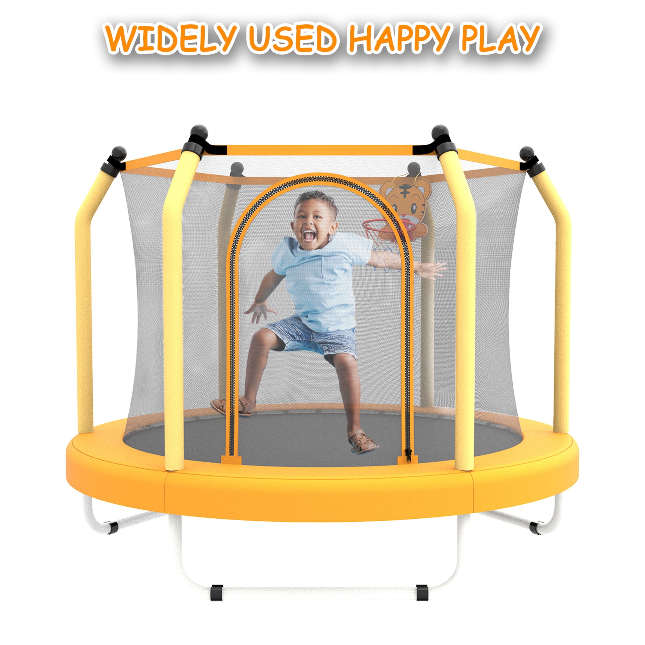 Toddler Trampoline with Safety Enclosure Net, Segmart Mini Trampoline with Cartoon Basketball Hoop, Recreational Trampoline with No-Gap Safe Design, Birthday Gifts for Boys & Girls