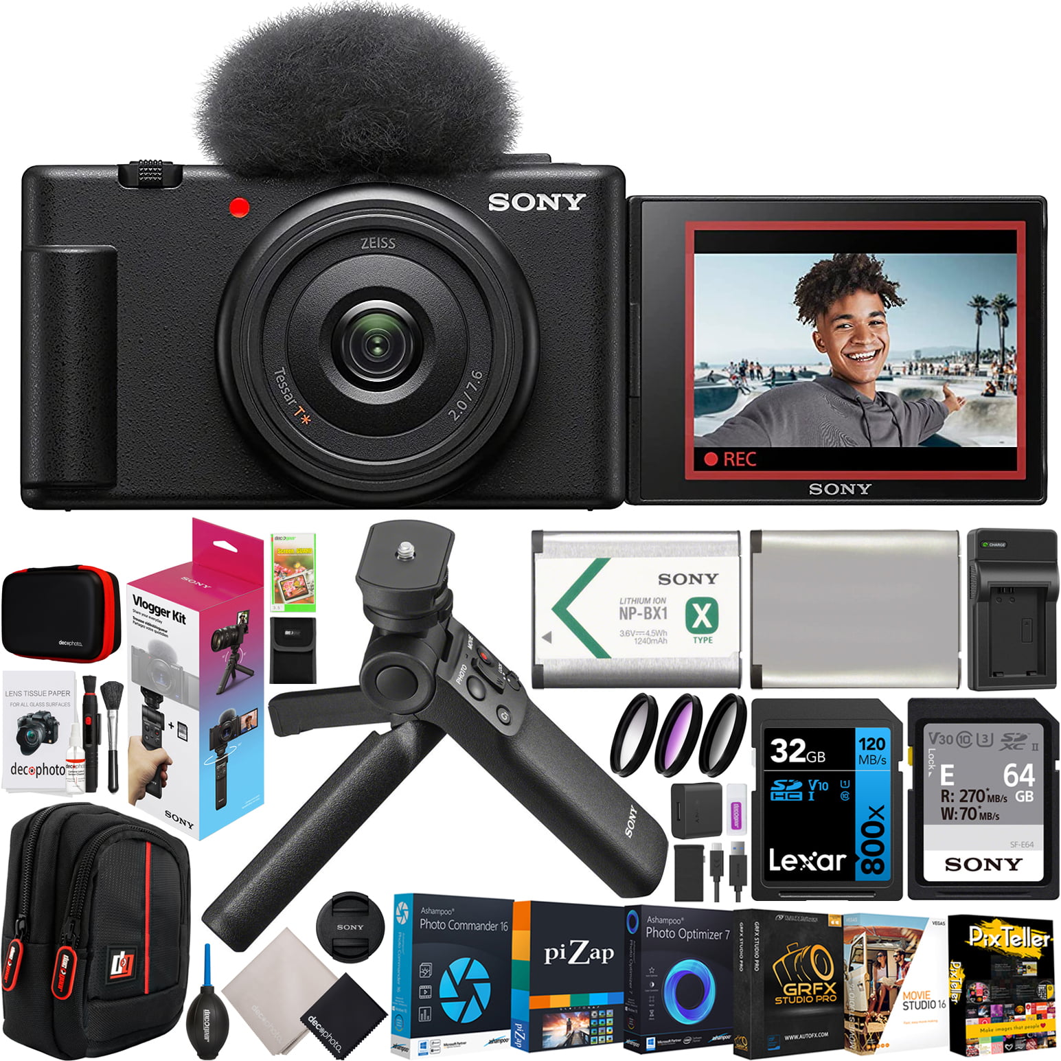 adjust Specimen semester Sony ZV-1F Vlog Camera with 4K Video & 20.1MP for Content Creators and  Vloggers Black ZV-1F/B Bundle with ACCVC1 Kit including GP-VPT2BT  Tripod/Grip + Deco Gear Case + Extra Battery & Accessories -