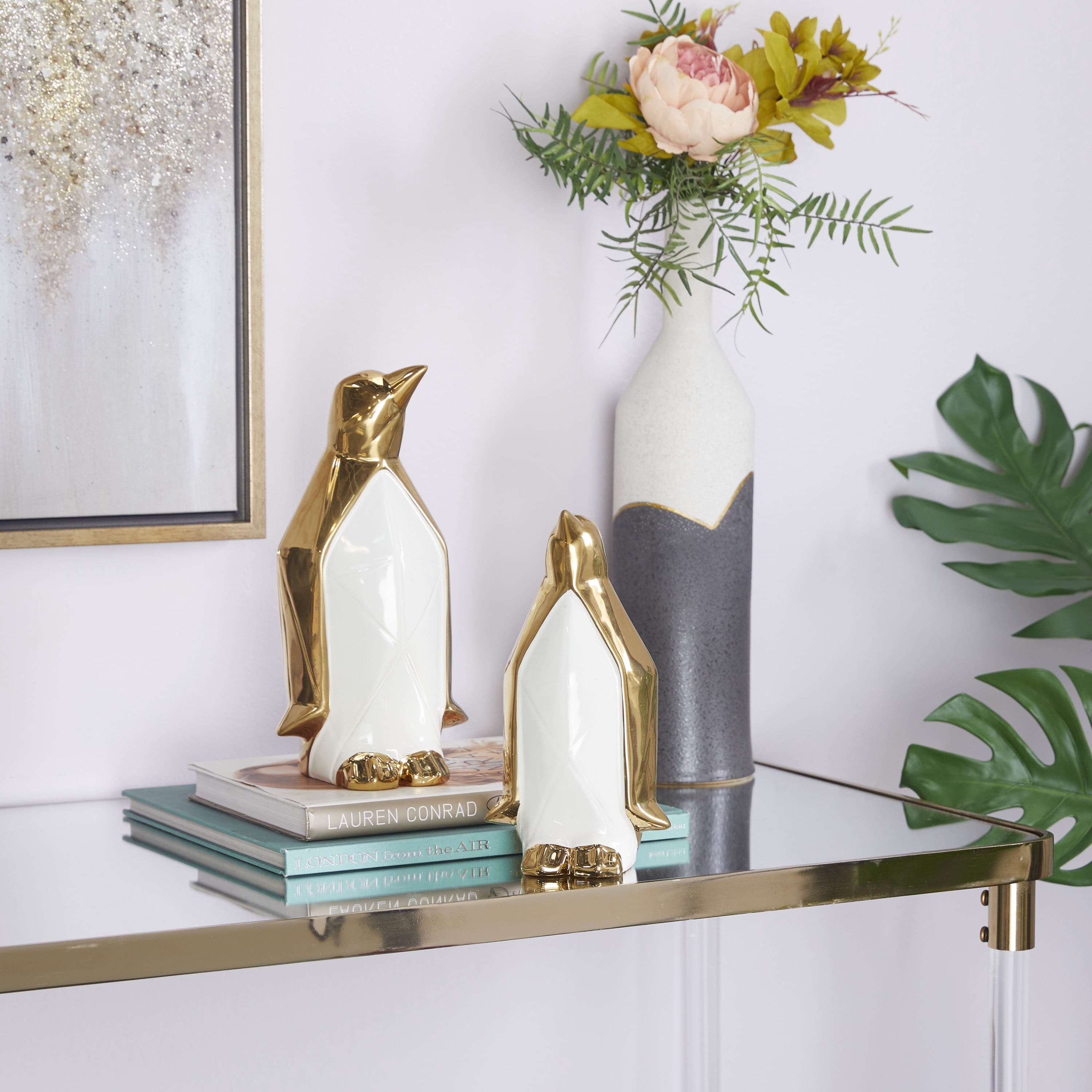 11", 9"H Gold Porcelain Penguin Sculpture, by DecMode (2 Count)