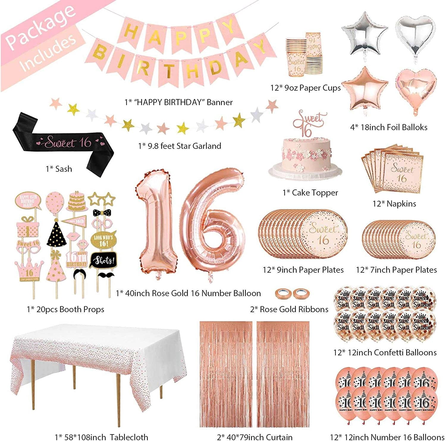 Rose Gold Sweet 16 Birthday Decorations With Photo Booth Backdrop and Props Sweet 16th Birthday Party Supplies Happy Birthday Banner, Confetti & Mylar Balloons, Curtains, Sash, Cake Topper, Tablecloth